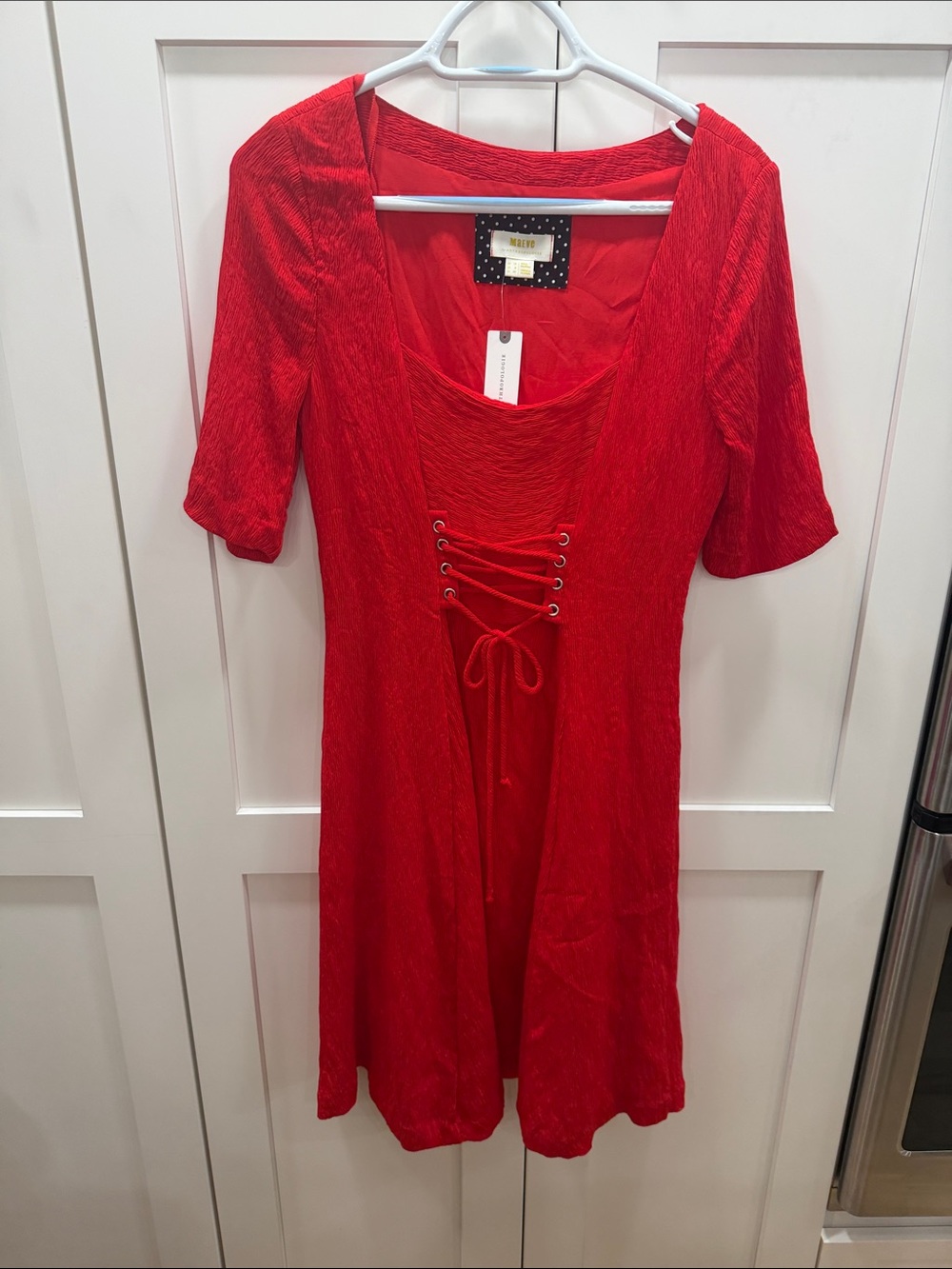 Anthropologie Red Lace-Up Scoop Mini Dress